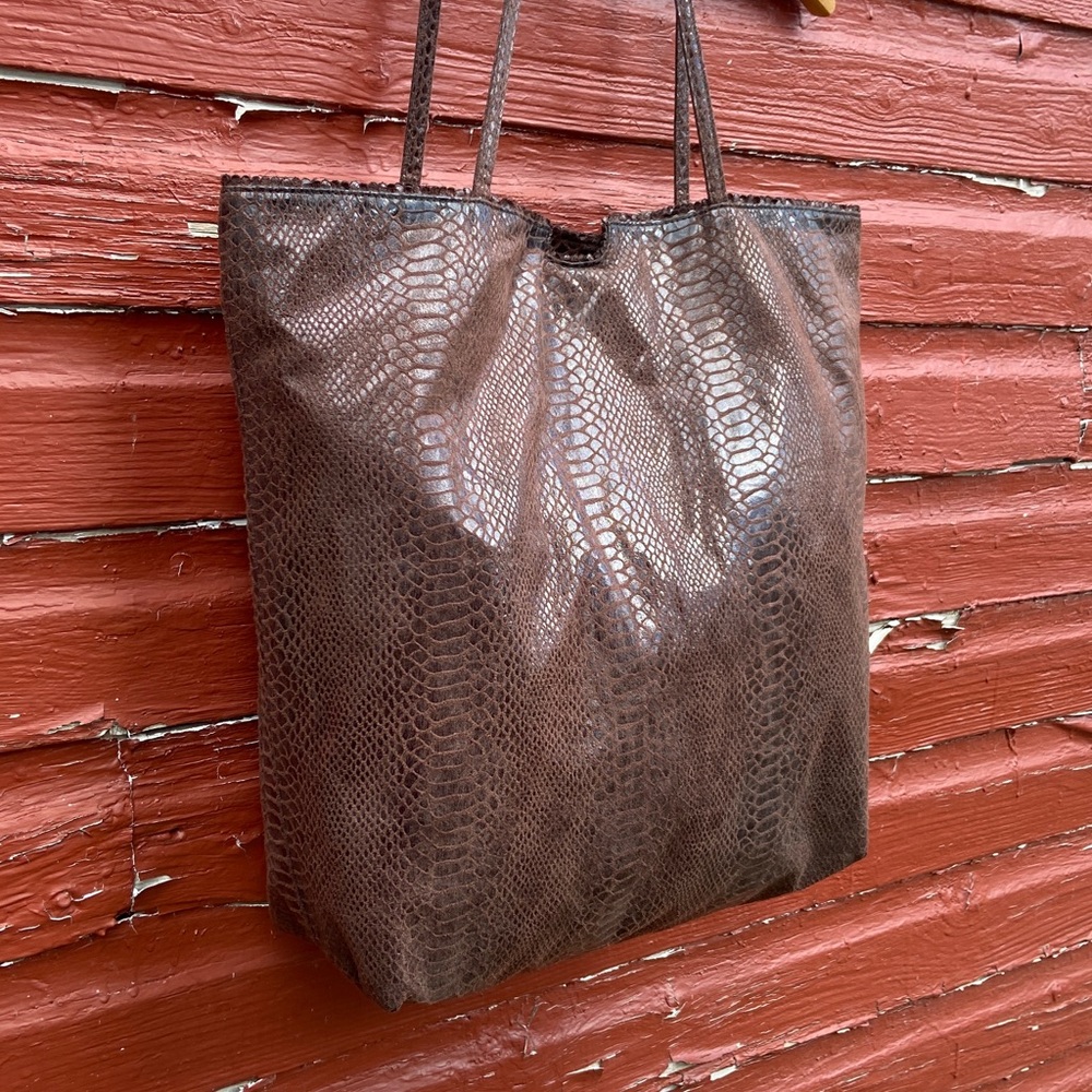 Carlos Falchi Vintage Vegan Python Tote Bag Brown Faux Snakeskin Purse - Picture 3 of 11